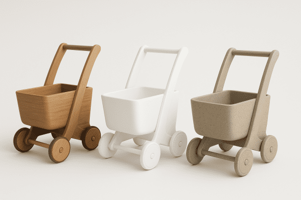 Three baby push carts\u2014wood, BPA-free plastic, eco-composite\u2014side by side, showing their unique materials on a white background.