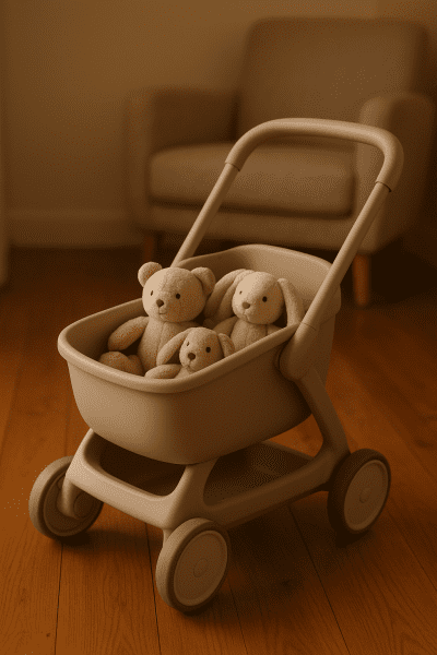 Baby push cart with large basket and plush toys, on hardwood floor, wide base visible, cozy home background.