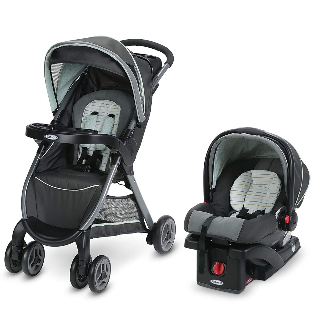 The Graco pram includes a SnugRide Click Connect 30 Infant Car Seat.