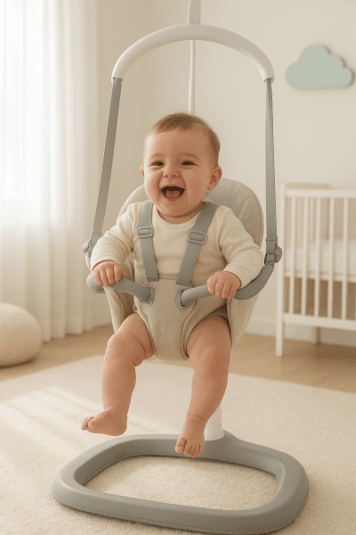A smiling baby bounces securely in a plush jumper with wide anti-tip base, in a softly sunlit, pastel nursery.