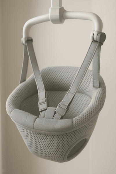 Close-up of breathable mesh jumper seat with memory foam and reinforced straps attached to doorway.