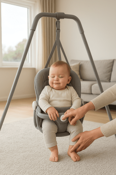 Parent adjusts baby jumper\u2019s height with easy button while baby sits ergonomically supported.