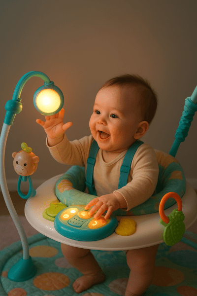 Baby plays with glowing and musical toys on a jumper surrounded by a soft, inviting play zone.