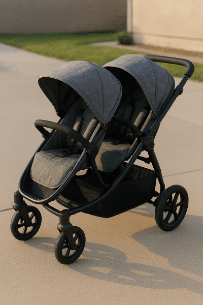 Double stroller under $100 with close-up on wheels, handle, and large basket in a suburban driveway.