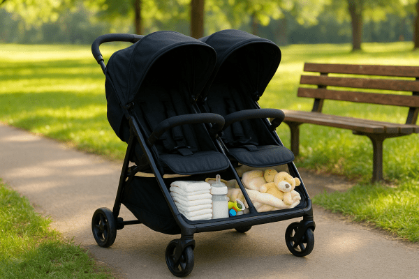 Double stroller under $100 with neatly filled storage basket beside a park path and wooden bench.