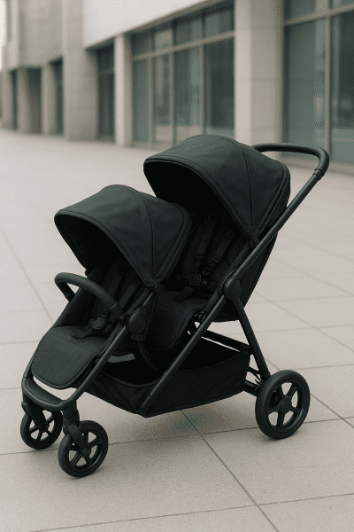 Double stroller under $100 with one seat reclined, one upright, harnesses and canopies visible on a city walkway.