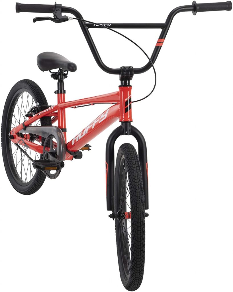BMX Race Bike: Huffy Axilus 20-inch BMX Race Bike - Huffy Axilus BMX Race Bike pedals and 3-piece steel crank The Huffy BMX bikes are made of steel frame material and it comes with race style 20 x 1.95-inch tires. It is not only designed for kids but for adult as well. These bikes also include resin pedals and 3-piece steel crank.