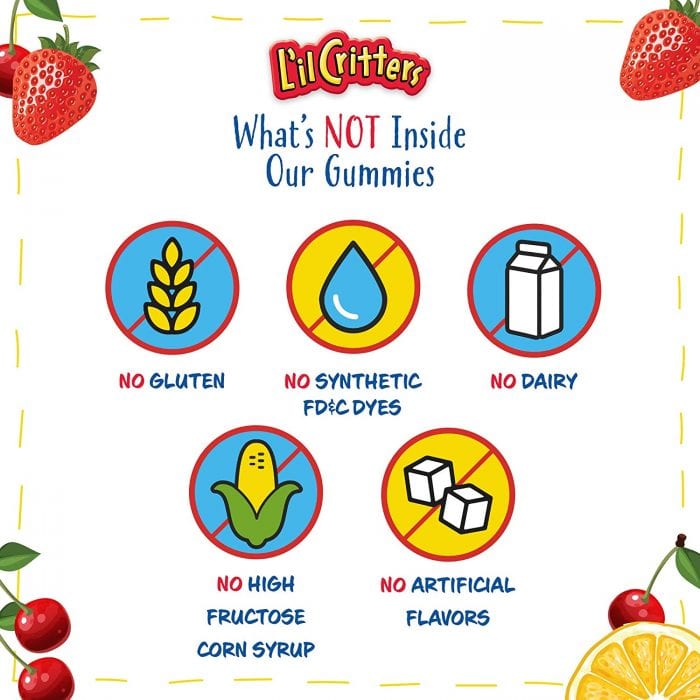 L'l Critters has no glutenm, synthetic FD&C Dyes, dairy, high fructose corn syrup and artificial flavors