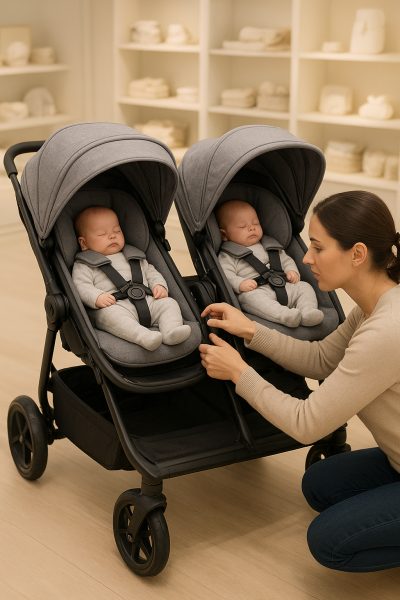 Parent checking secure installation of twin infant car seats on a sleek stroller in a stylish baby boutique.