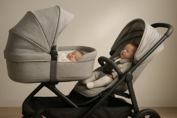 Twin stroller with a newborn in a ventilated bassinet and another in a reclined seat, emphasizing fabric and comfort.