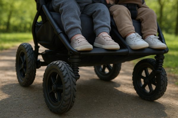 Close-up of all-terrain wheels and suspension under a twin stroller outdoors, with twins\u2019 legs visible above.