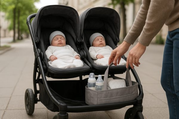 Parent accessing a neat storage basket under a twin stroller with newborns, on a city sidewalk.