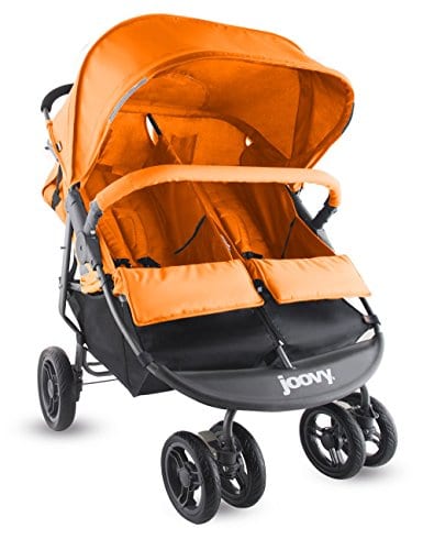A vibrant, orange twin baby buggy