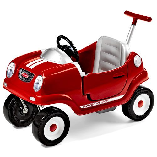Red manual toy mobile which can be used by the child and they can also be pushed by their parents while they're on it - which doubles the fun!