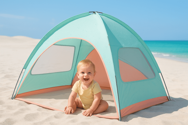 A toddler plays in a pastel mint and coral beach tent with visible waterproof and UV-protective features, mesh windows, and canopy, by the ocean.