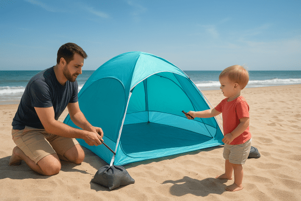 Parent and toddler anchor a colorful beach tent with sandbags and stakes on a breezy, open beach.