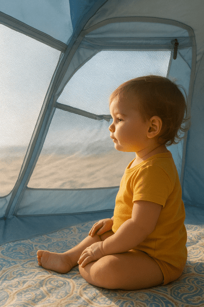 Close-up of mesh windows, vents, and airflow in a toddler beach tent, with child playing inside.