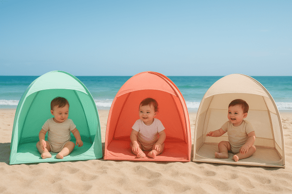 Three types of toddler beach tents pop-up, dome, playpen side by side on a sunny beach, each with a toddler interacting with features.