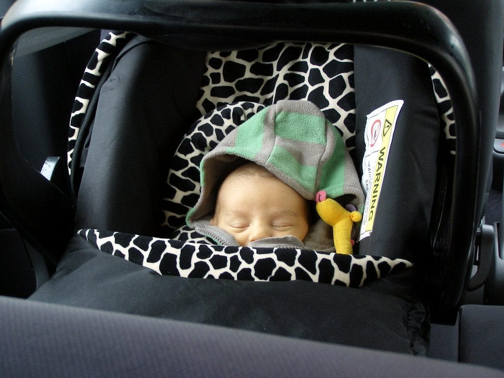 Baby comfortable and safe in an Uppababy MESA car seat.