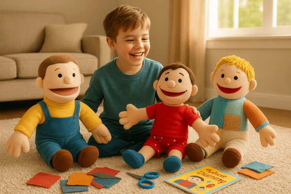 A cheerful child explores soft ventriloquist dummies and fabric samples on a living room carpet.