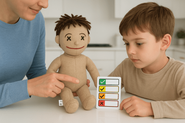 A parent and child inspect a soft, safe ventriloquist dummy at a clean kitchen island.