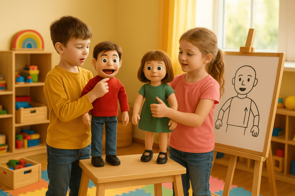 Children on a playroom stage practice mouth and arm movement with ventriloquist dummies.