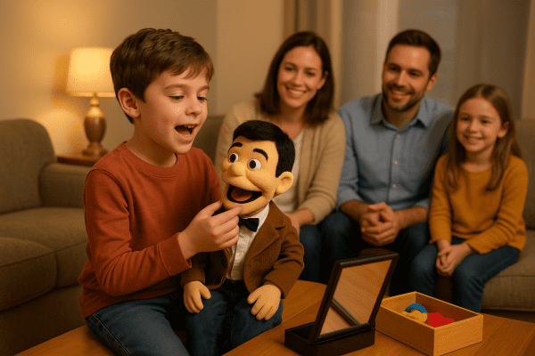 A child gives a ventriloquist performance for family in a cozy, sunlit living room.