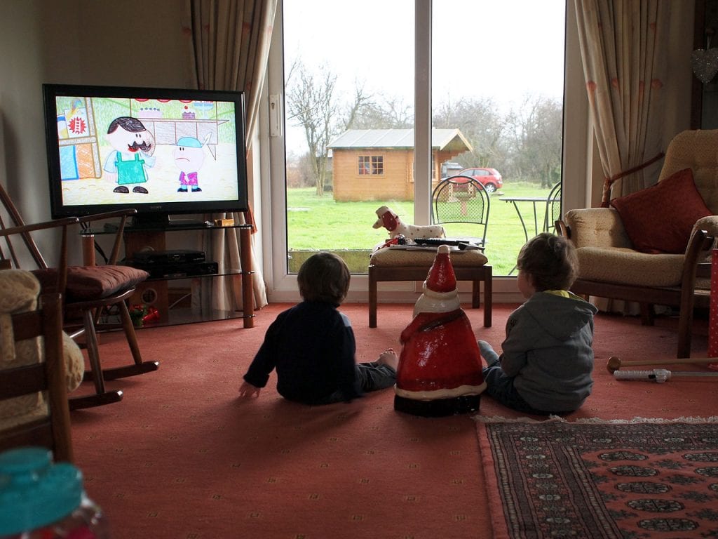 There are children watching educational DVDs for children.