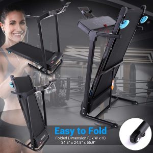  A collage showcasing the best foldable treadmill in different positions with a woman smiling in the corner. Features such as ease of folding and the treadmill's dimensions when folded are highlighted. Wheels for mobility are also shown.