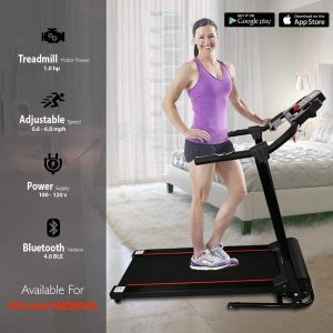 A woman exercises on a home treadmill advertised with key features and app availability icons for download on Amazon.