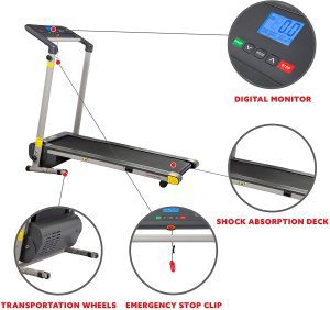 Best treadmill under three hundred features highlighted, including digital monitor, shock absorption deck, emergency stop clip, and transportation wheels.