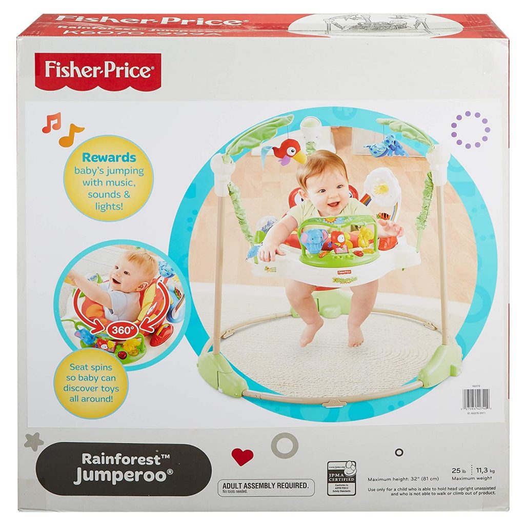Fisher-Price Rainforest Jumperoo 37x32x32 Inch features sound, music, lights and toys to keep baby enterainted. It's very portable and easy to carry anywhere.
