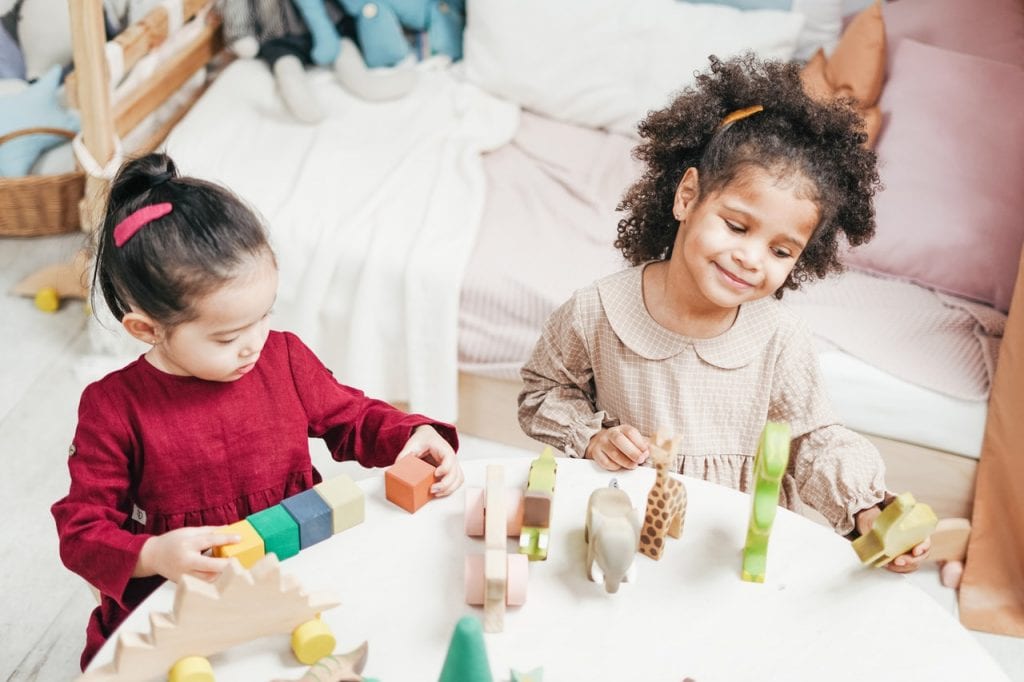 Two girls having fun with different toy animals and colorful blocks. See that smile.