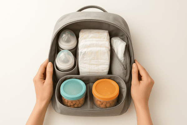 Hands placing diapers, bottles, and wipes into a twin diaper backpack on a clean white table, showing separate compartments.