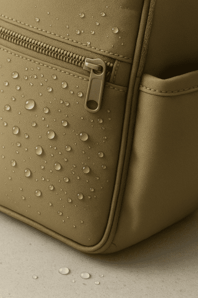 Macro shot of water droplets on water resistant twin diaper bag fabric, showing texture, zipper, and seam details.
