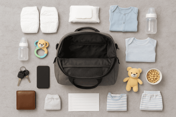 Flat lay of open twin diaper bag and all essentials diapers, bottles, toys, parent items arranged in a circle on a soft blanket.