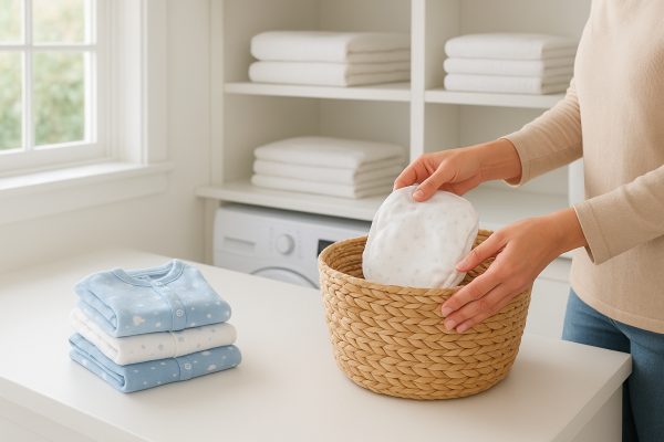 Organized laundry area with fresh diapers, folded pajamas, and mattress protectors, parent placing a diaper in a basket.