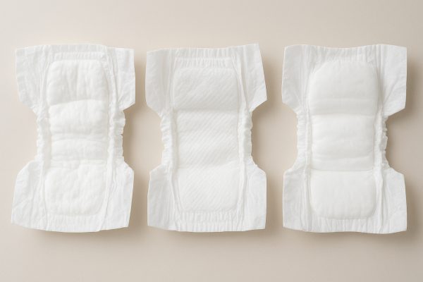 Three overnight diapers for babies, unfolded side by side, each showing soft and hypoallergenic interior linings.