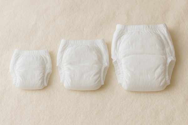 Three different sizes of overnight diapers for babies, arranged on an ivory plush blanket to show sizing progression.