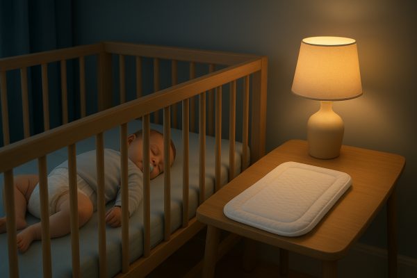 A softly lit nursery at night, a baby sleeps in a crib wearing an overnight diaper, with a booster pad on a nearby table.