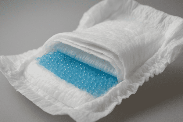 Macro cross-section of an overnight toddler diaper displaying advanced absorbency layers and leak guards.