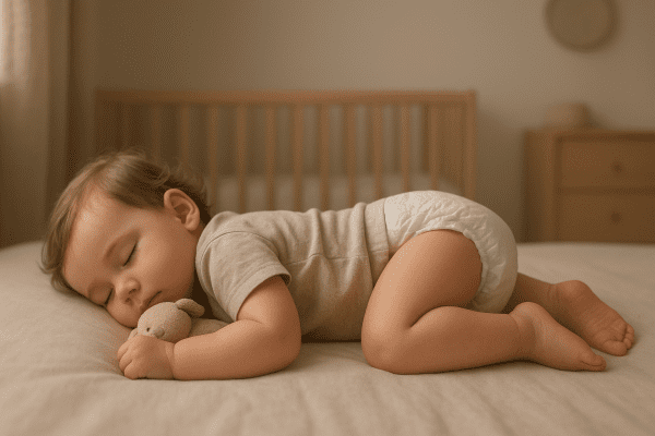Sleeping toddler in a snug overnight diaper, softly lit nursery, holding a plush toy.