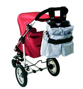 Best Diaper Bag For twins: A tactical bag hanged behind a newborn stroller.