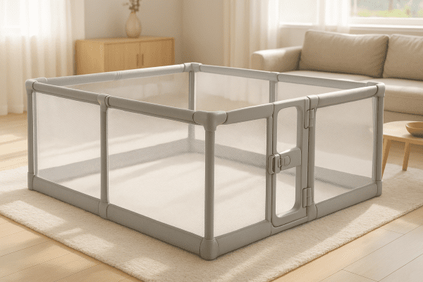 A spacious, clear-mesh toddler playpen with a secure gate in a modern, sunlit living room.