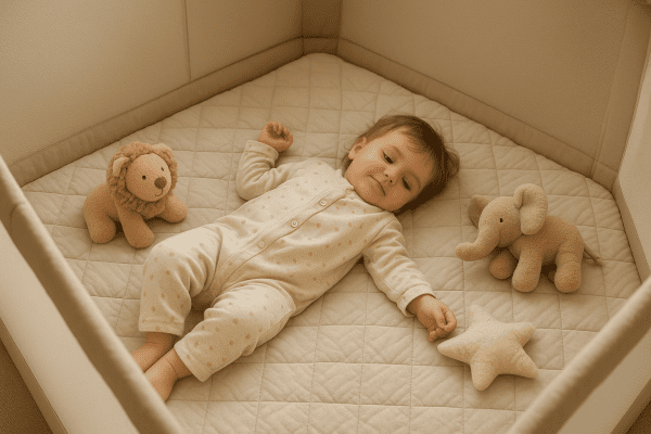 Close-up of a toddler in a playpen with thick, quilted padding and plush toys.