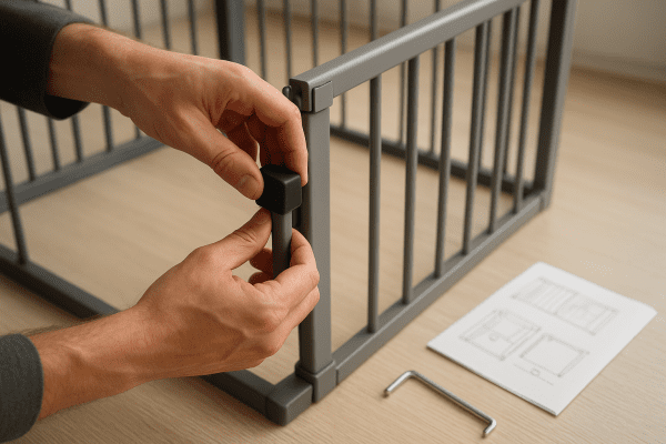 Hands assembling a sturdy playpen, focusing on anti-slip feet and locking joints.