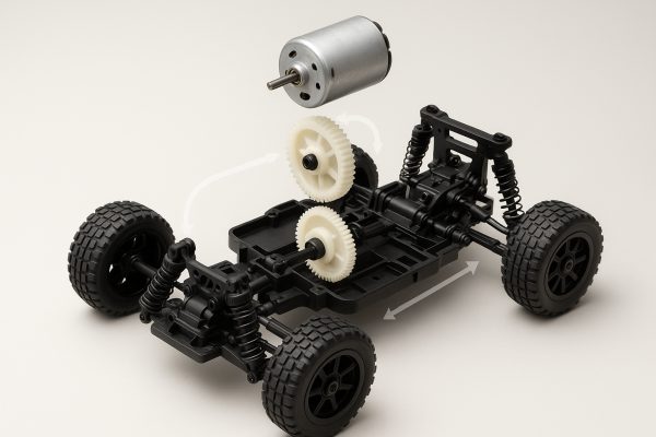 Exploded studio view of a budget RC car showing separated chassis, motor, gears, wheels, and drivetrain with translucent arrows illustrating power flow.