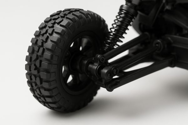 Macro studio shot of a budget RC car\u2019s off-road wheel, tread, suspension, and steering linkage, wheel tilted for articulation.