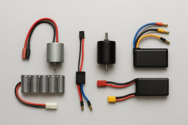 Symmetrical flat lay of brushed vs brushless motor, NiMH vs LiPo batteries, and ESCs for budget RC cars.