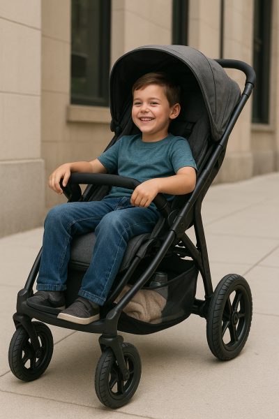 Sturdy stroller with large wheels and advanced suspension, carrying an older child on an urban sidewalk.